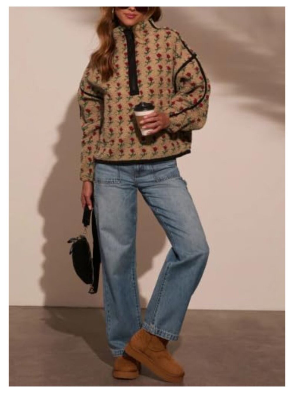 Womens Oversized Sherpa Fleece Floral Half Zip Sweatshirt Jacket - Picture 3 of 4